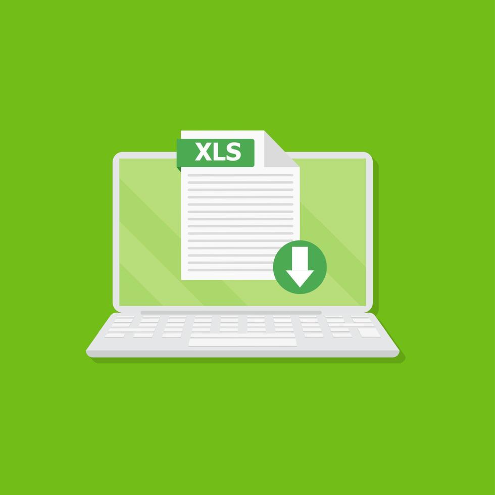 Download XLS icon file with label on laptop screen. Downloading document concept. Banner for business, marketing and advertising. Vector Illustration.
