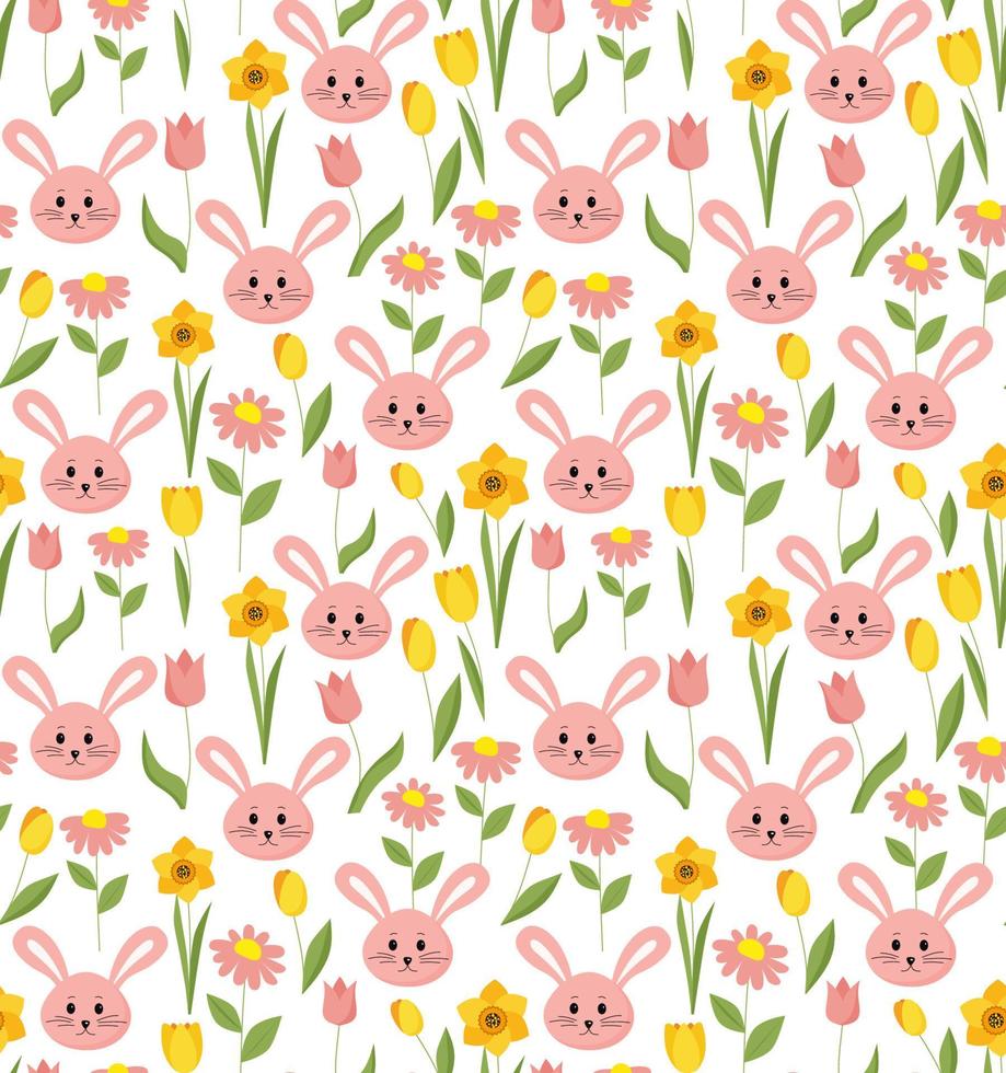 Easter seamless pattern with flowers and hares vector