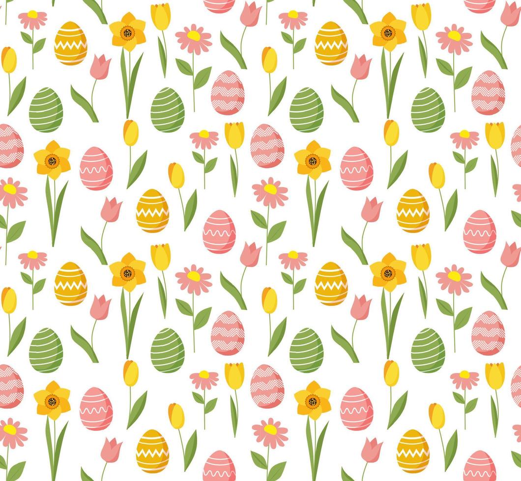 Easter seamless pattern with flowers and eggs. vector