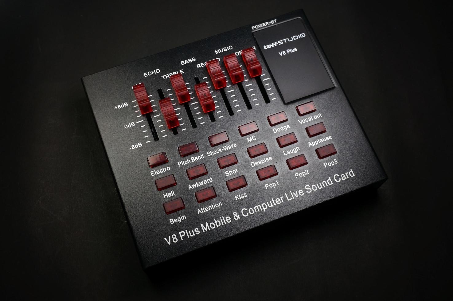 Sangatta, East Kutai, East Kalimantan, Indonesia, 2020 - TAFF STUDIO audio soundcard  with faders and adjusting knobs,with selective focus. photo