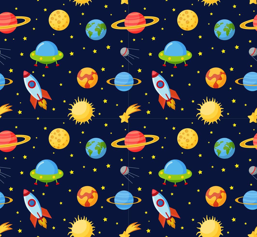 Cartoon Rocket Seamless vector pattern background isolated on navy blue color.