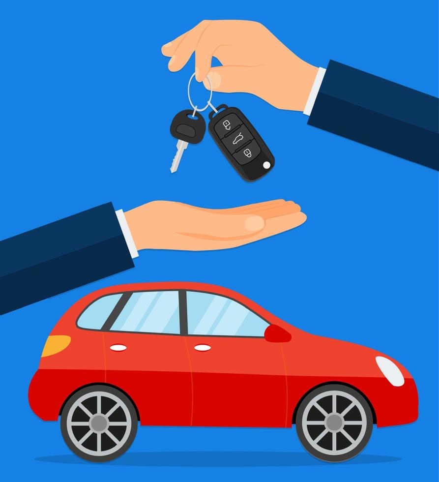 Buying A Car. Dealer, Buyer Hand. car showroom. Flat Vector