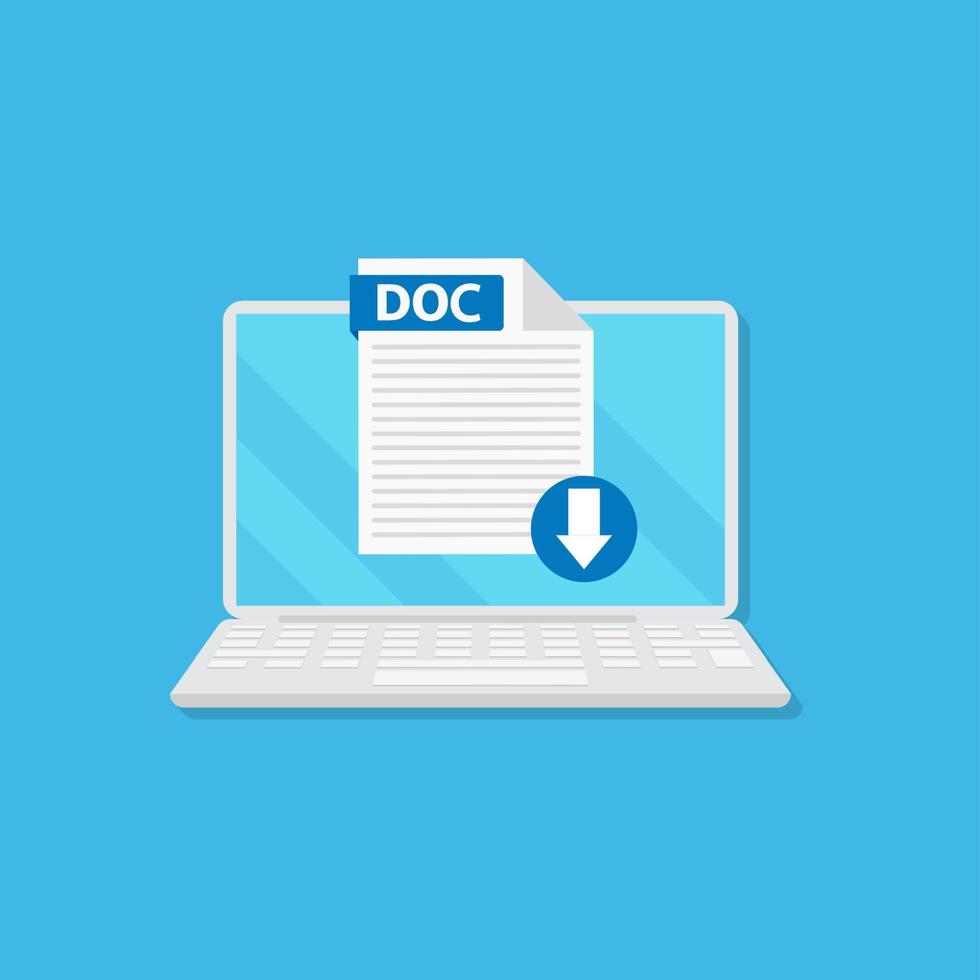 descargue el archivo de icono doc con la etiqueta en la pantalla del portátil. descargando el concepto de documento. banner para negocios, marketing y publicidad. ilustración vectorial vector