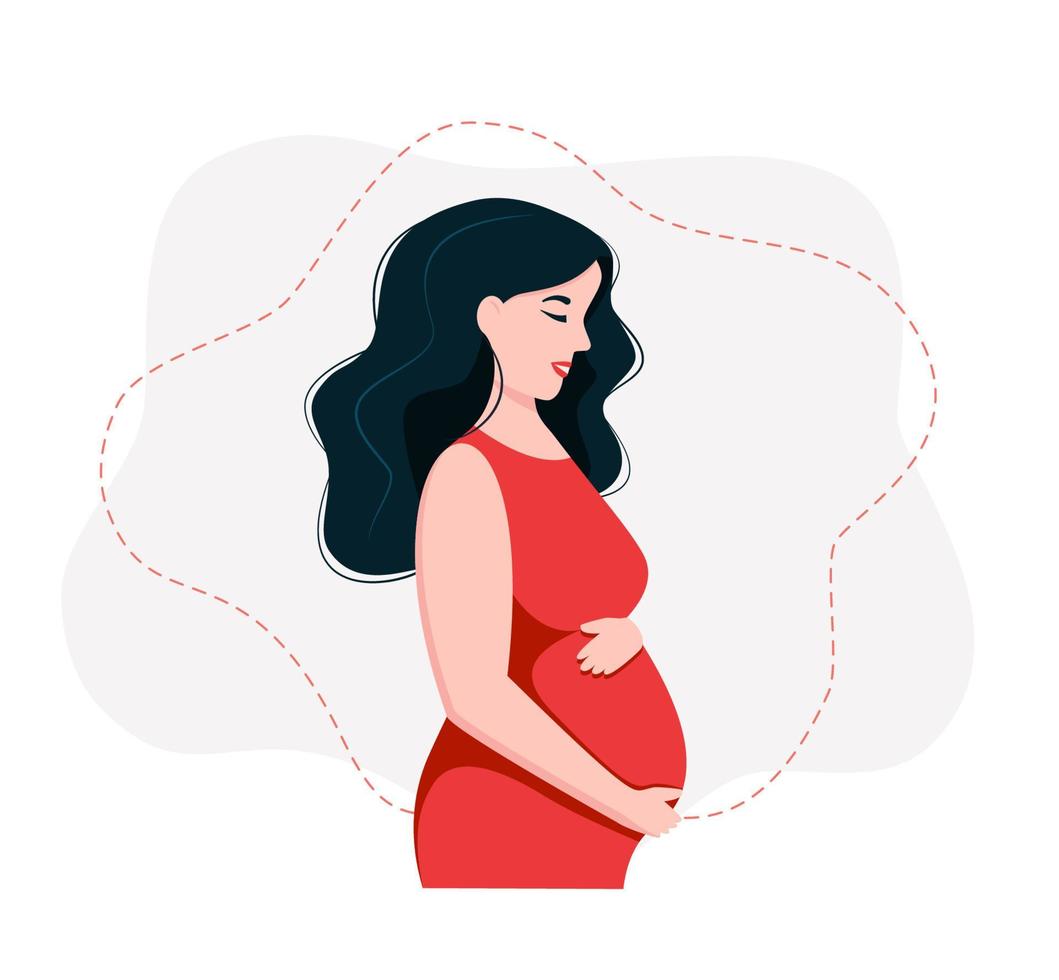 Pregnant woman with nature and leaves background. Concept vector illustration in cartoon style.