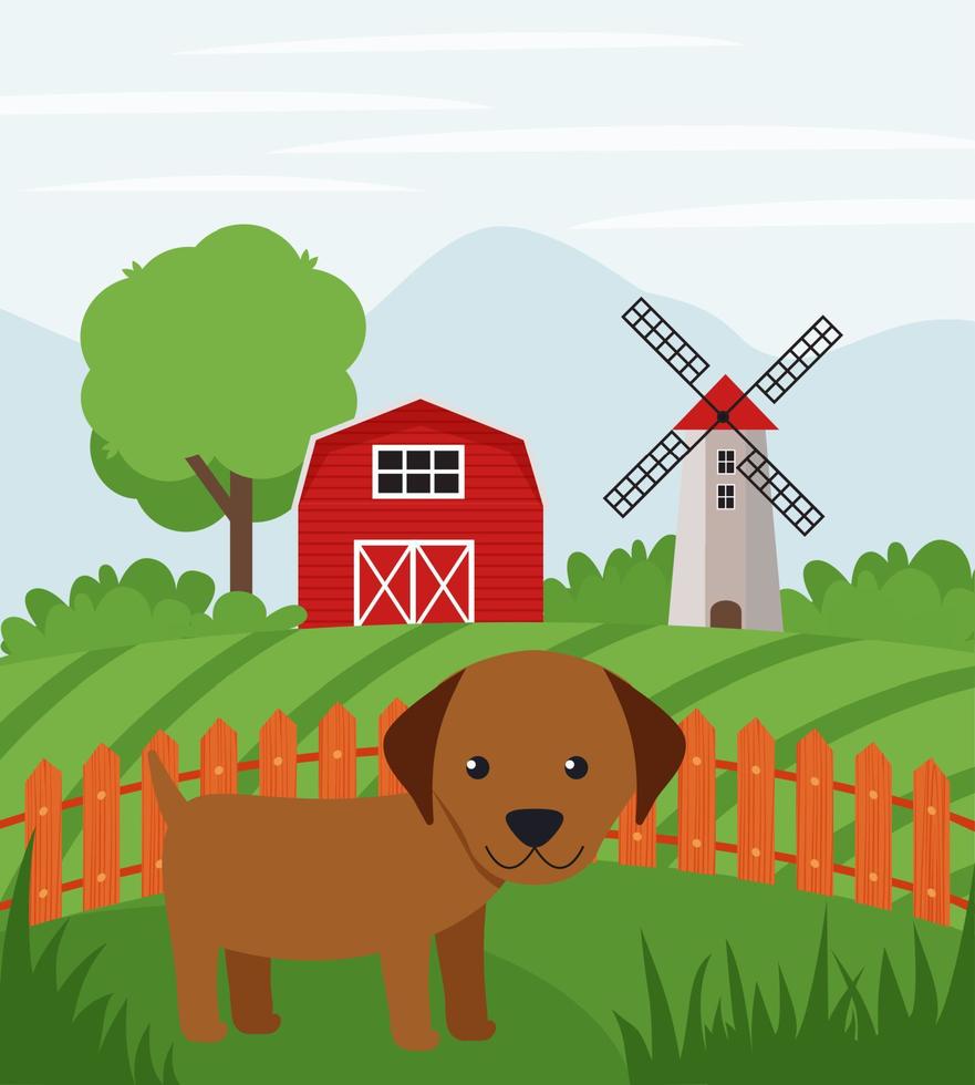 perro de granja en tierras de cultivo. paisaje rural. Ilustración de vector plano de rancho de campo