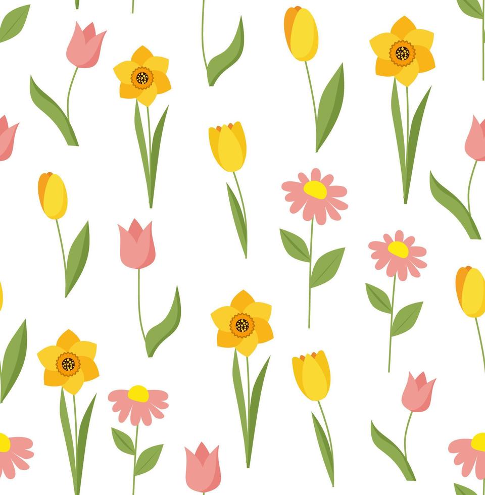 Seamless spring pattern with tulips and daffodils. vector