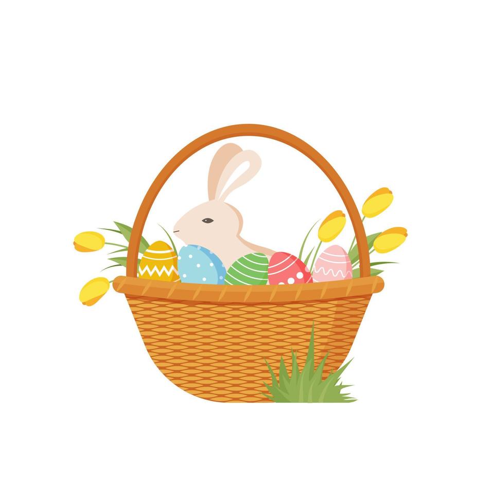 canasta festiva de pascua con un juego de huevos con un adorno y flores y conejito. feliz tarjeta de felicitación de Pascua. ilustración vectorial aislado sobre fondo blanco vector