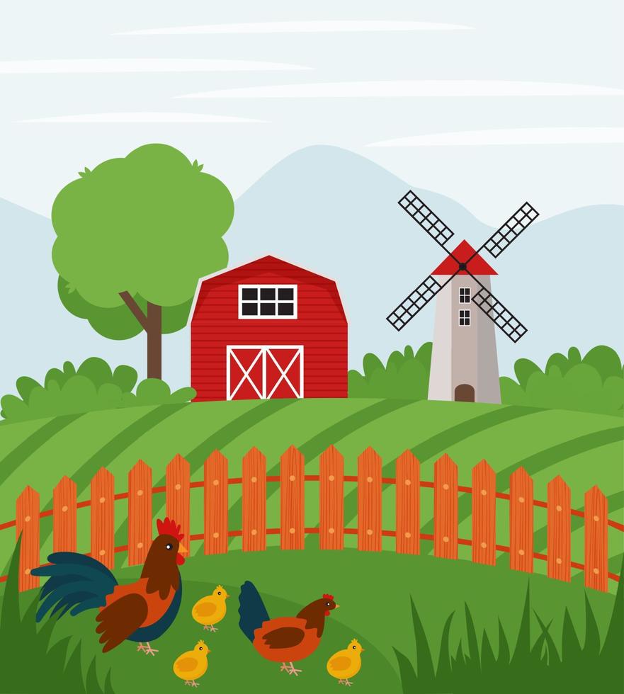 granja de pollos en tierras de cultivo. paisaje rural. Ilustración de vector plano de rancho de campo