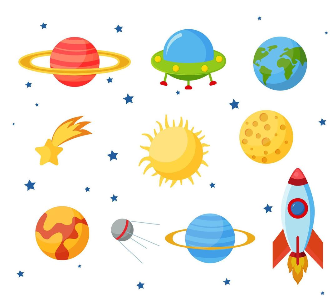 Cosmos set concept. Set on a space theme, including a transport, planets and related objects, satellites, instruments for tracking the cosmos. Vector illustration isolated on white background.