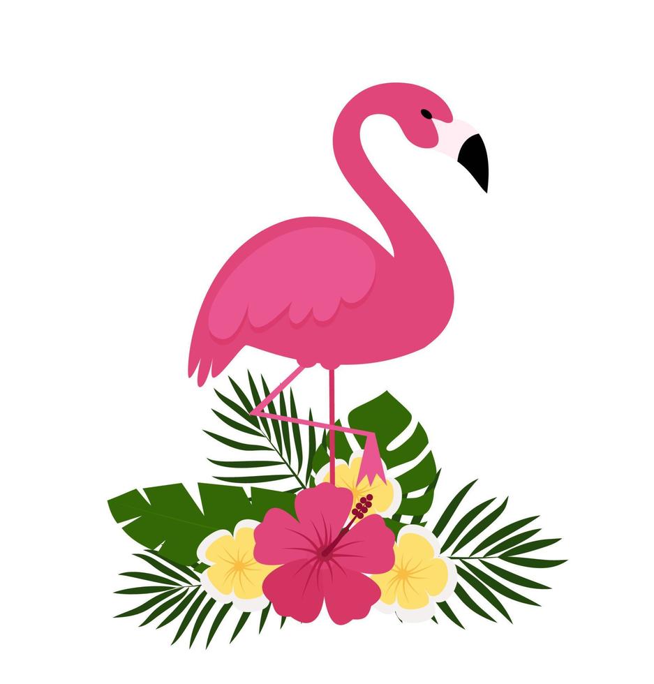 fondo de postal de verano con plantas y flores tropicales, flamencos. para tipográfico, pancarta, afiche, invitación de fiesta. ilustración vectorial eps 10 vector