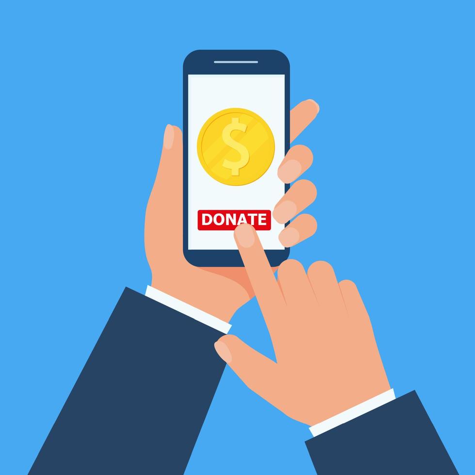 Hand holding smartphone and making online donation. Putting money in to the donation box in flat design. vector