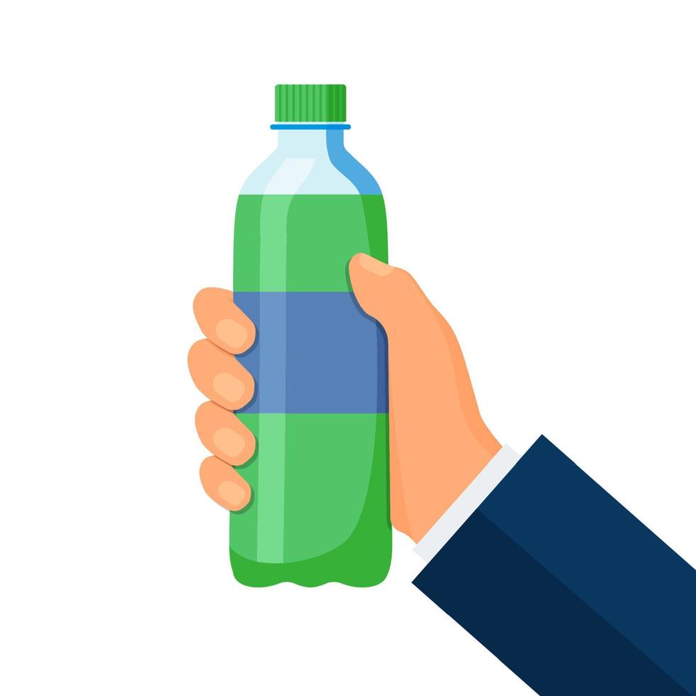 botella de plástico de soda sostenida en la mano. ilustración vectorial en estilo plano. vector