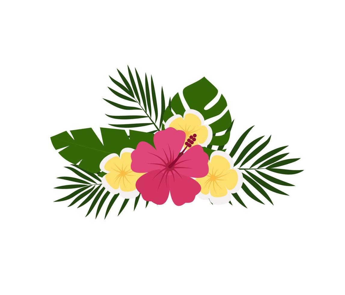 Bouquet with hibiscus flowers with pink petals, tropical leaves and floral elements on a white background. vector