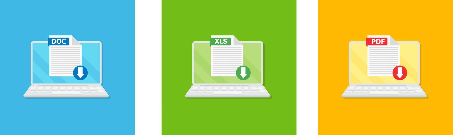 Set of file type. Download Format and extension of documents. PDF, DOC, and XLS. Illustration vector