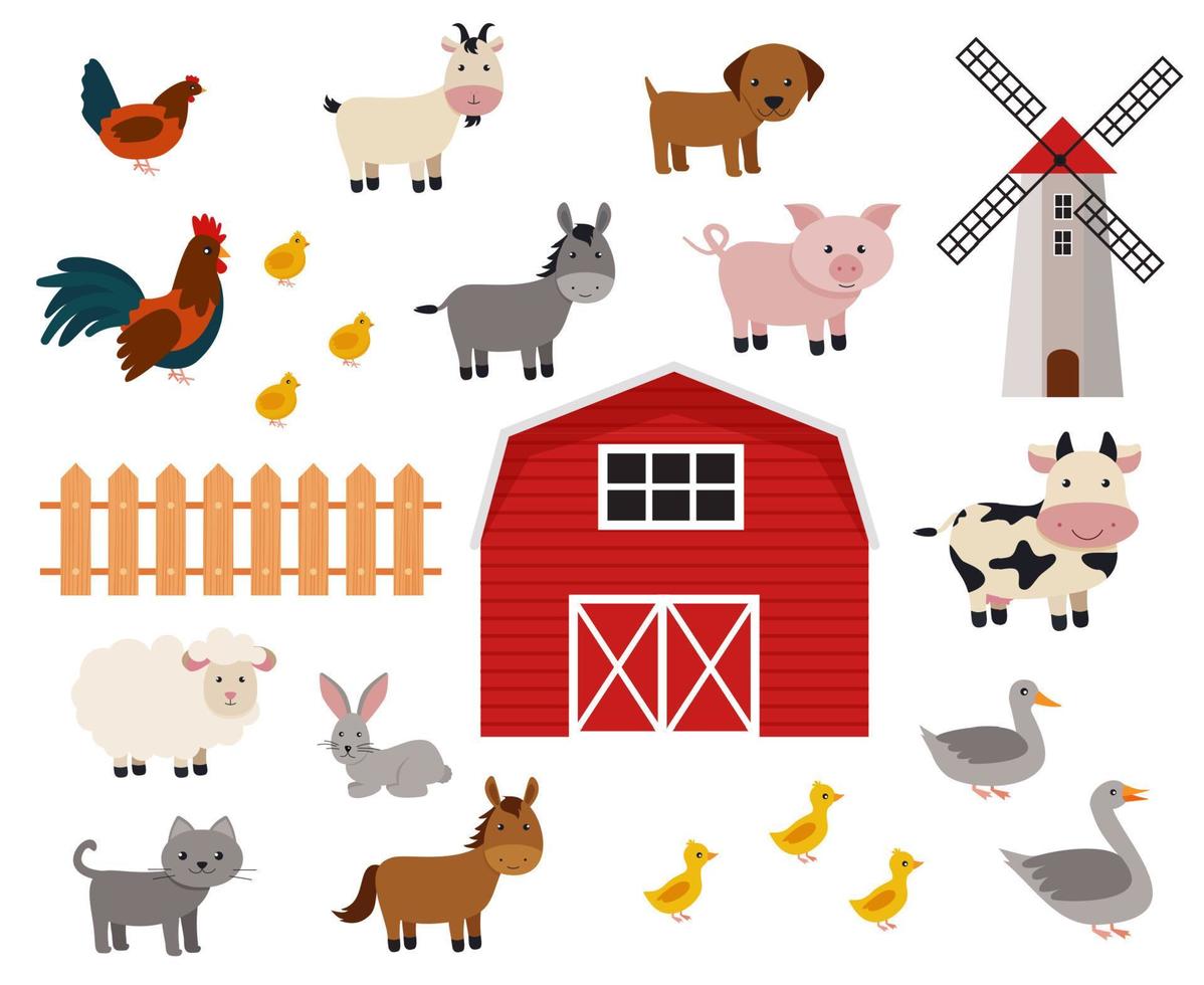 Cute farm animals set in flat style isolated on white background. Vector illustration