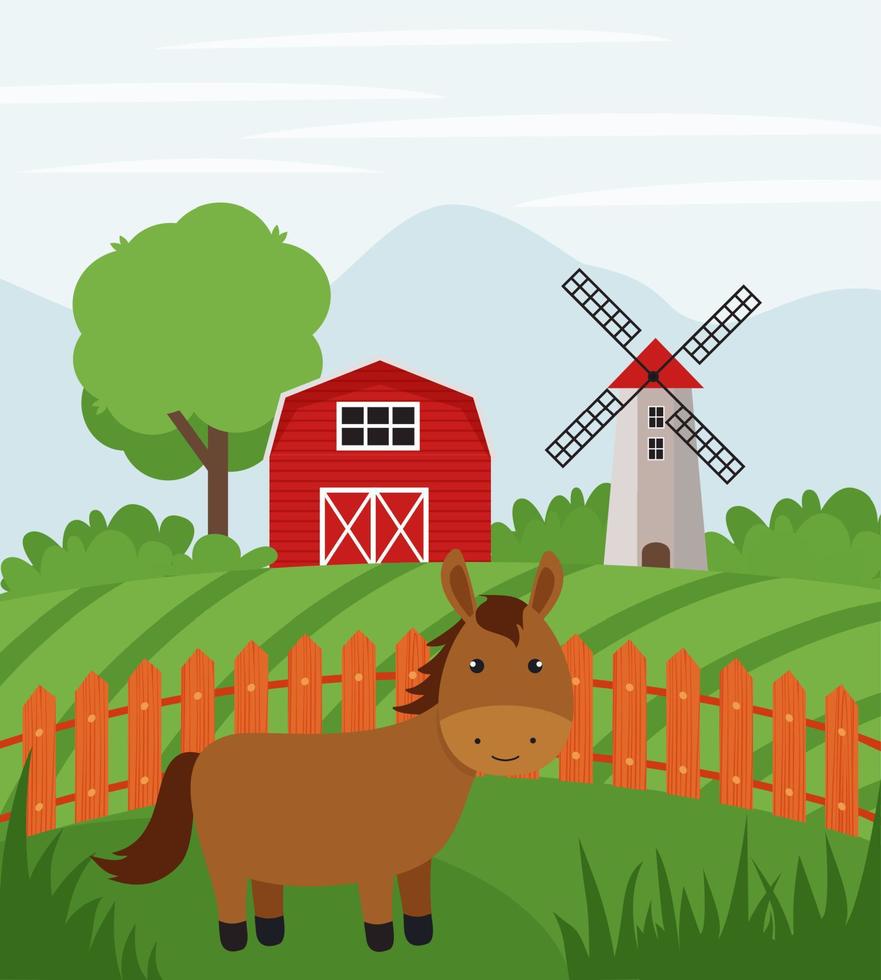 Farm horse on farmland. Rural landscape. Flat vector illustration of country side ranch