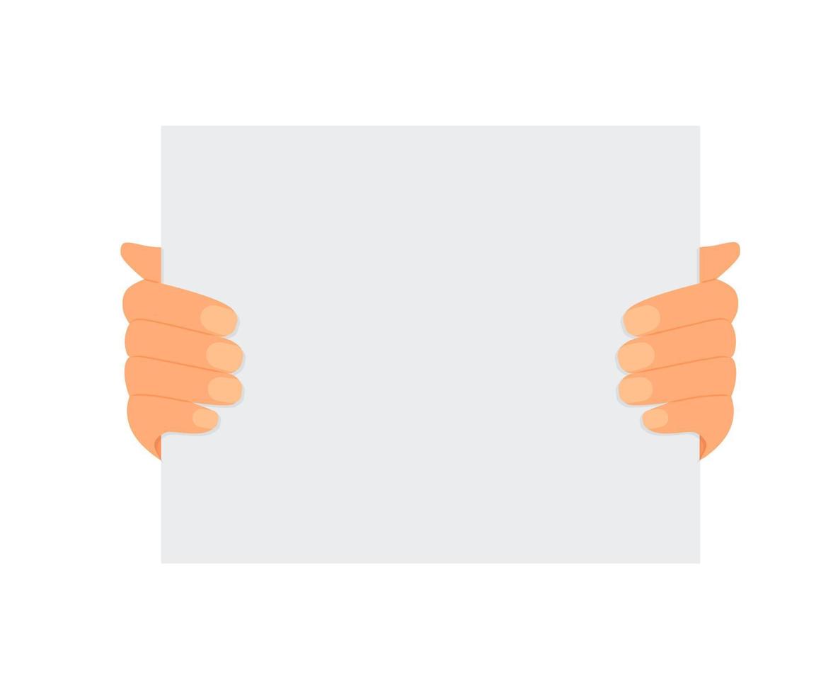 Flat illustration of hands holding a sheet of paper with place for text on a white background. Mockup notice. Read letter. Vector template for articles, brochures and your design.