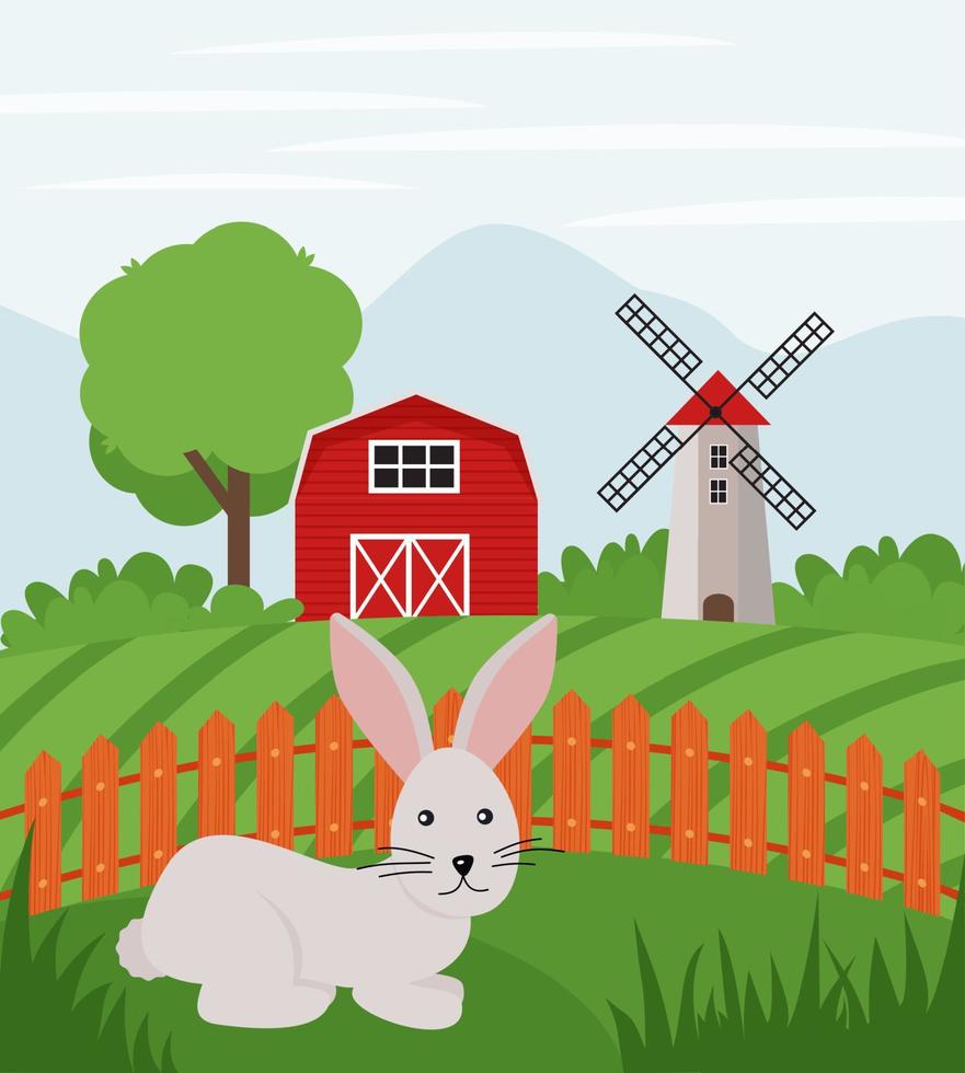 Farm rabbit on farmland. Rural landscape. Flat vector illustration of country side ranch