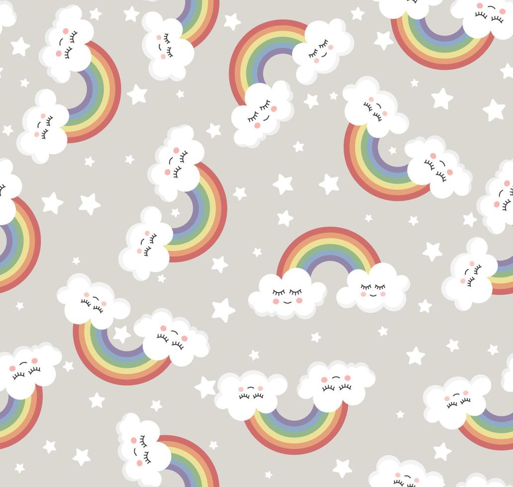 Cute seamless rainbow and clouds pattern. Cartoon style. vector