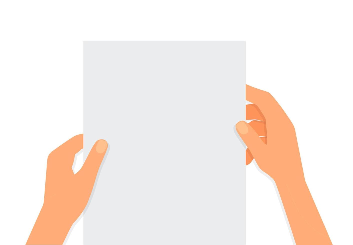 Flat illustration of hands holding a sheet of paper with place for text on a white background. Mockup notice. Read letter. Vector template for articles, brochures and your design.