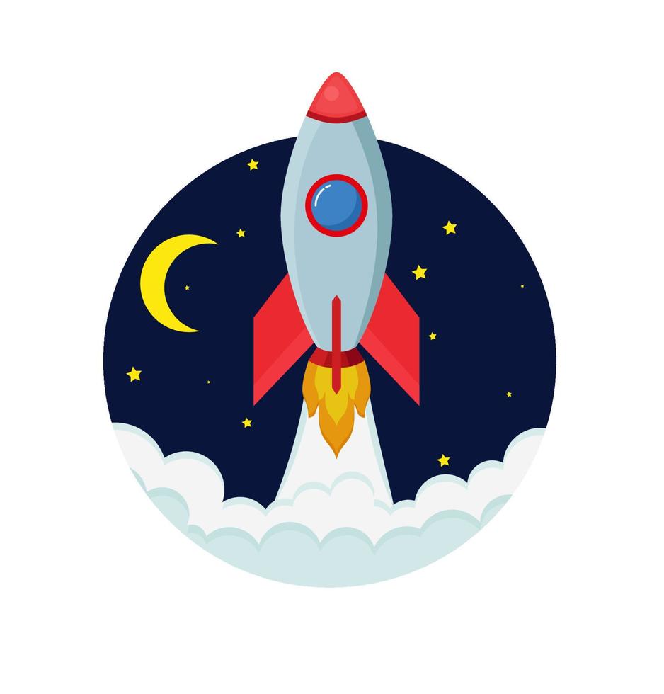 Rocket ship in a flat style.Vector illustration with 3d flying rocket.Space travel to the moon.Space rocket launch.Project start up and development process.Innovation product,creative idea.Management. vector