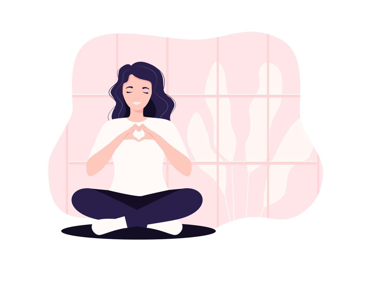 Vector illustration concept business woman practicing yoga and meditation in office. The girl sits in the lotus position, the thought process, the inception and the search for ideas. Time management