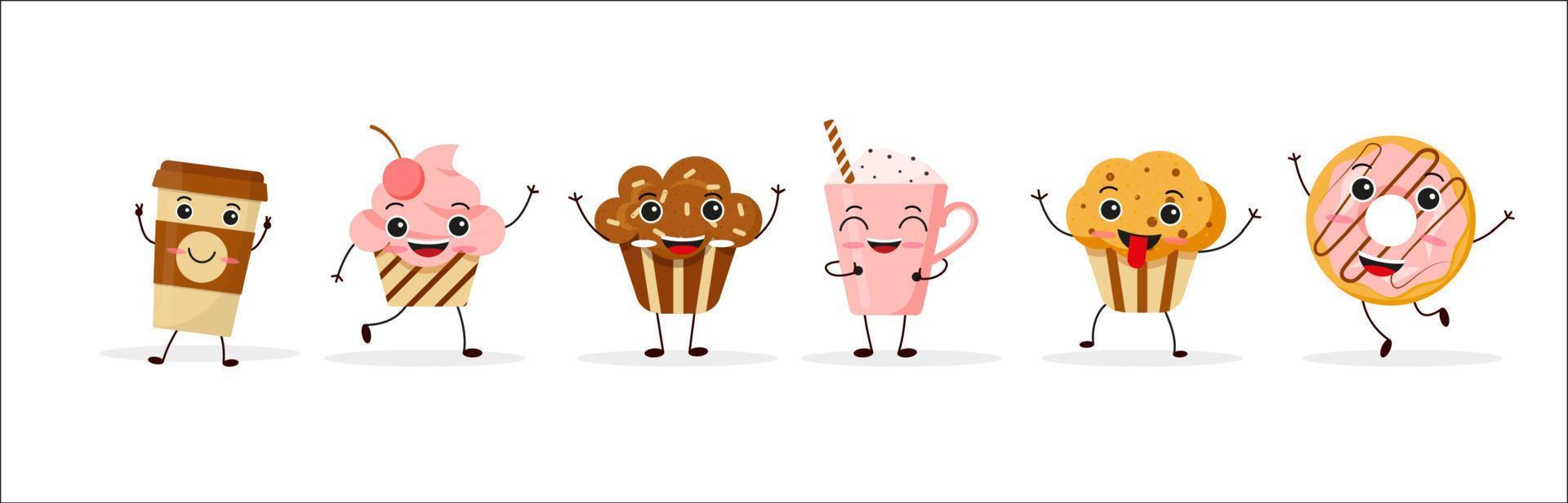 Set of cute coffee characters in trendy kawaii style. Take away cups, mugs and bean with hot beverage. Happy cartoon drinks with doodle stars and hearts. Banner, card, poster design. vector