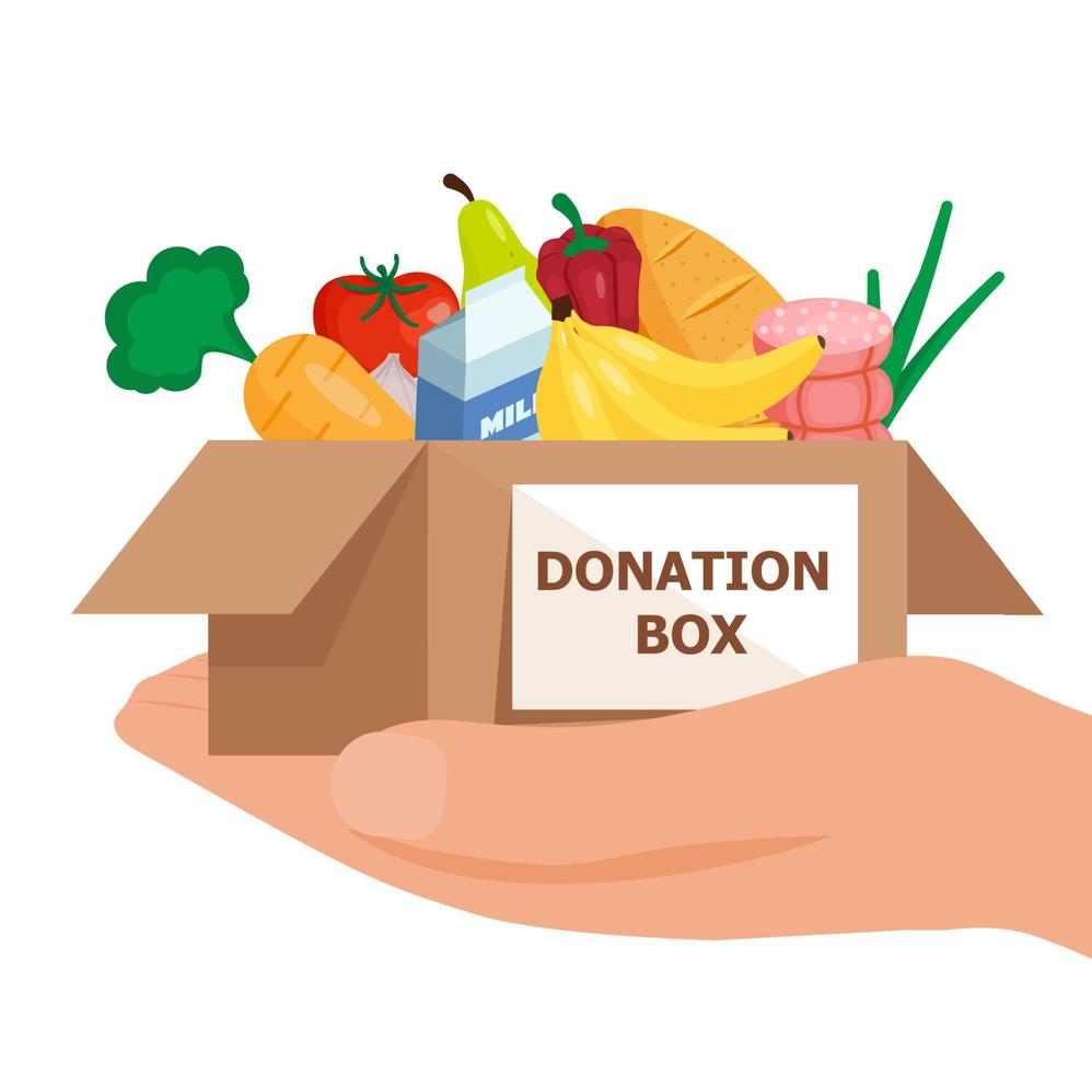 Food and grocery donation concept. Charity, food donation for needy people. Volunteering donate with nutrition products. Vector flat illustration .