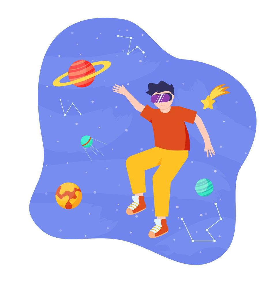 Metaverse or Virtual reality technology concept. Man in digital glasses. Teenage gamer wearing VR headset playing game. vector