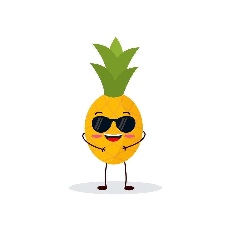 personaje de dibujos animados de piña aislado sobre fondo blanco. Ilustración de vector de mascota divertida comida saludable en diseño plano.