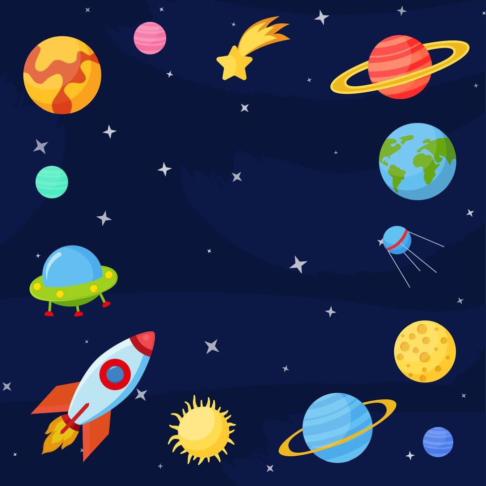 Cosmos set concept. Set on a space theme, including a transport, planets and related objects, satellites, instruments for tracking the cosmos. Vector illustration isolated on white background.