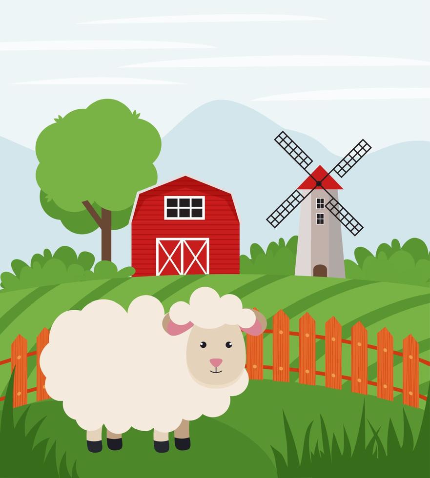 Farm sheep on farmland. Rural landscape. Flat vector illustration of country side ranch