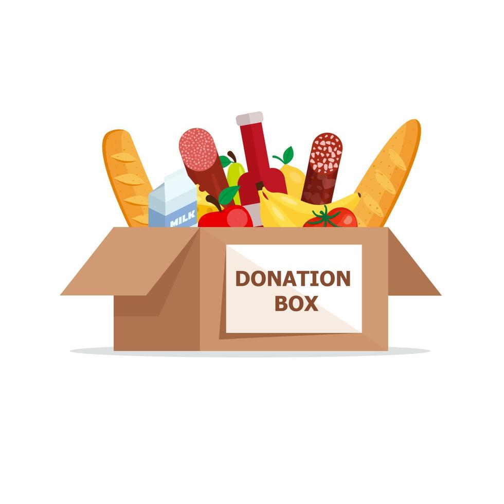 Food and grocery donation concept. Charity, food donation for needy people. Volunteering donate with nutrition products. Vector flat illustration .