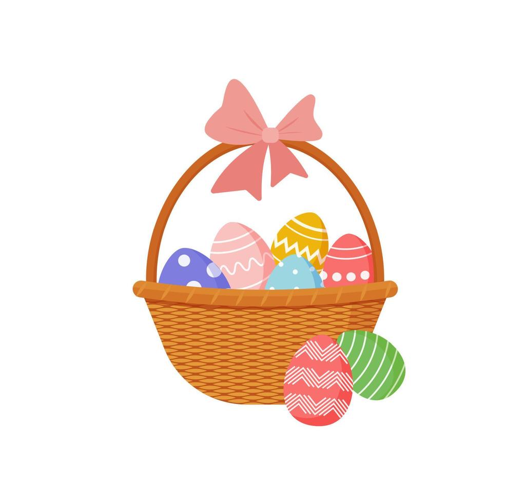 festive easter basket with a set of eggs with an ornament and flowers and bunny rabbit. Happy easter greeting card. vector illustration isolated on white background