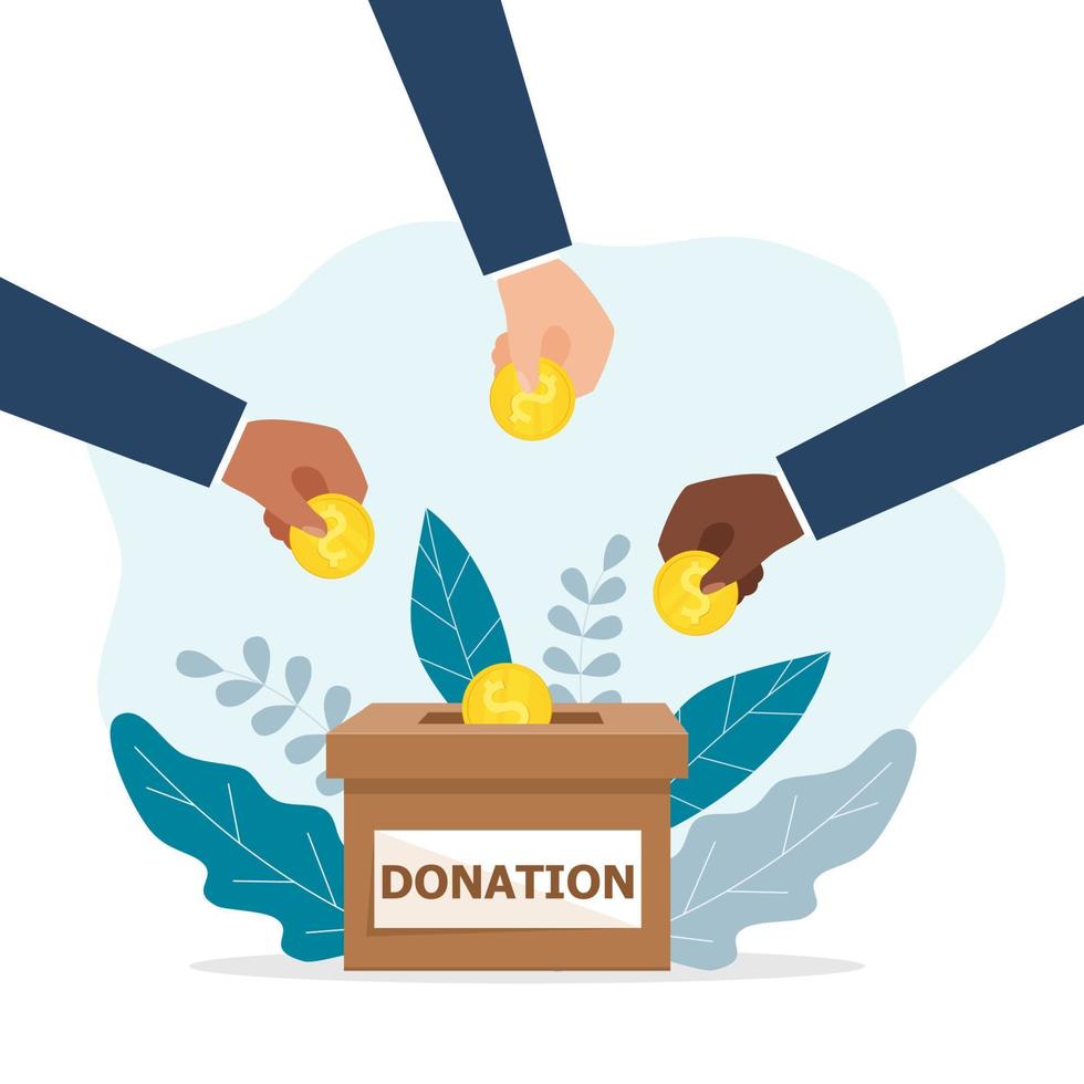 People with different nationalities throw gold coins into the donation box. Give by donating money. Modern vector illustration.