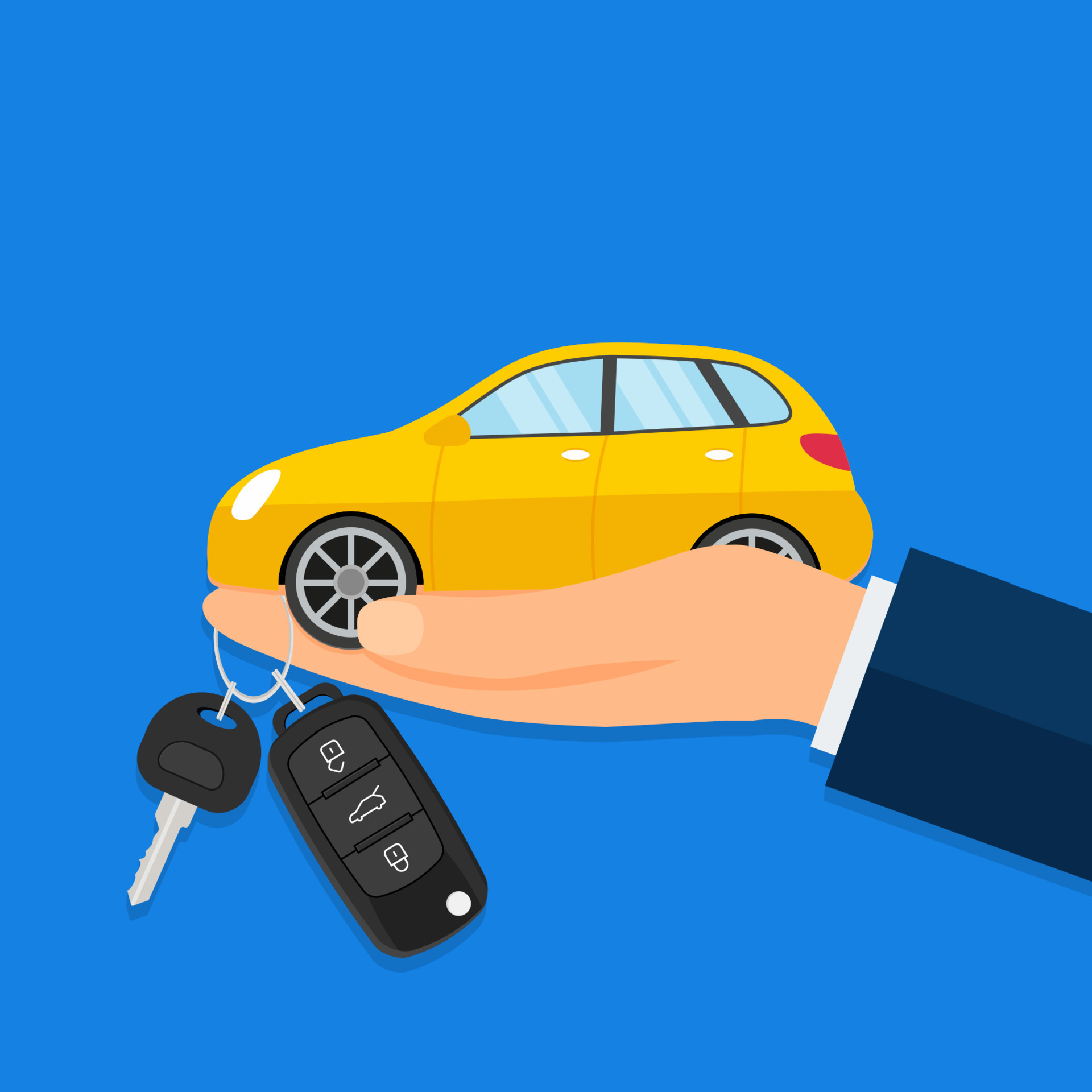 Buying A Car. Dealer, Buyer Hand. car showroom. Flat Vector