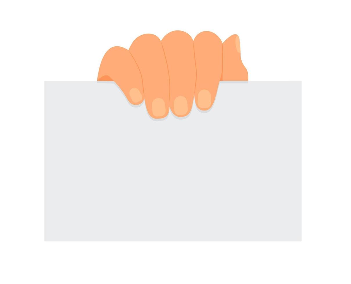 Flat illustration of hands holding a sheet of paper with place for text on a white background. Mockup notice. Read letter. Vector template for articles, brochures and your design.