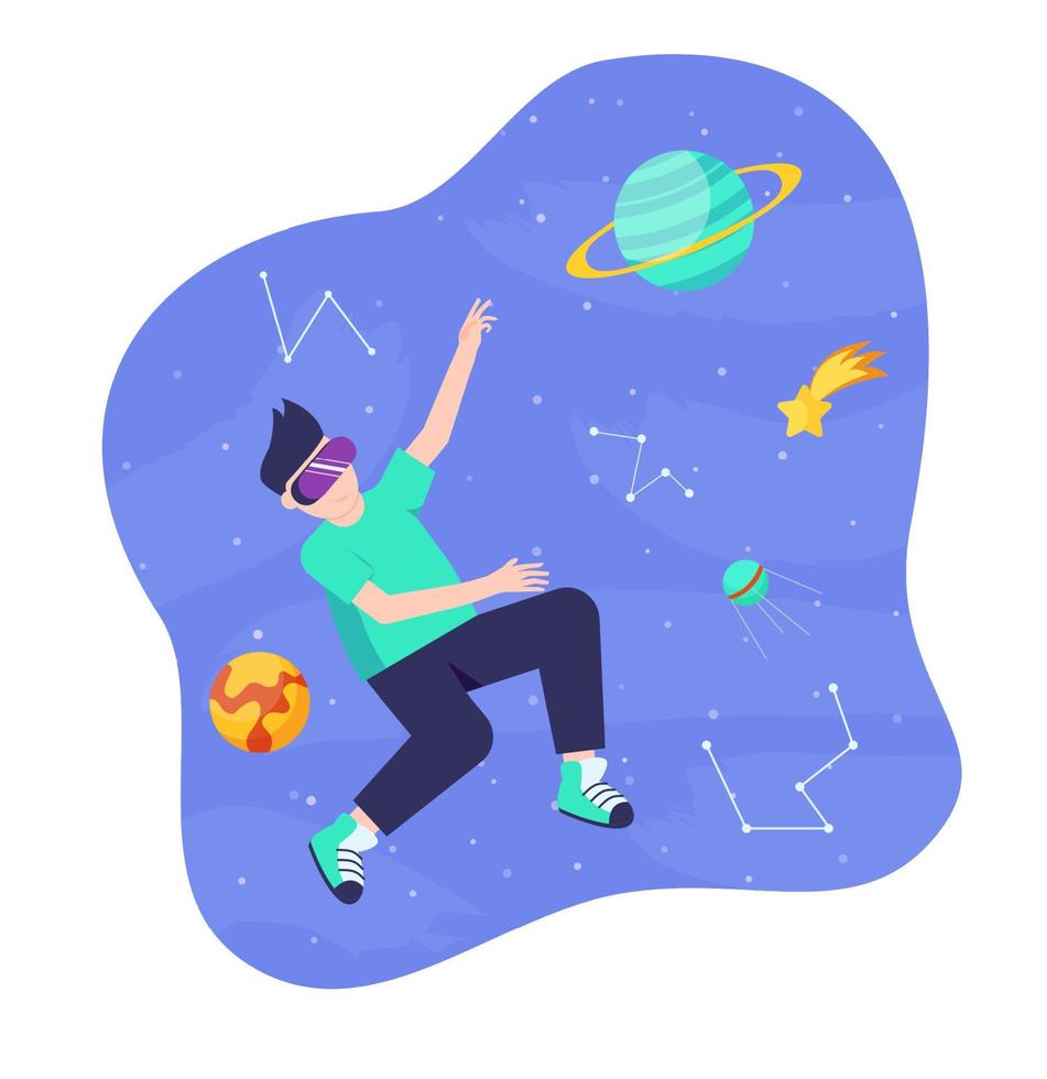 Metaverse or Virtual reality technology concept. Man in digital glasses. Teenage gamer wearing VR headset playing game. vector