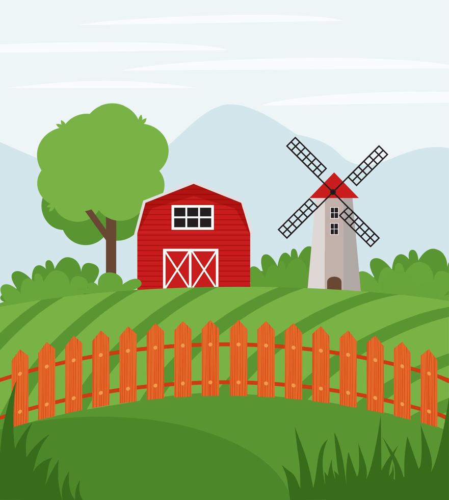 Farm donkey on farmland. Rural landscape. Flat vector illustration of country side ranch