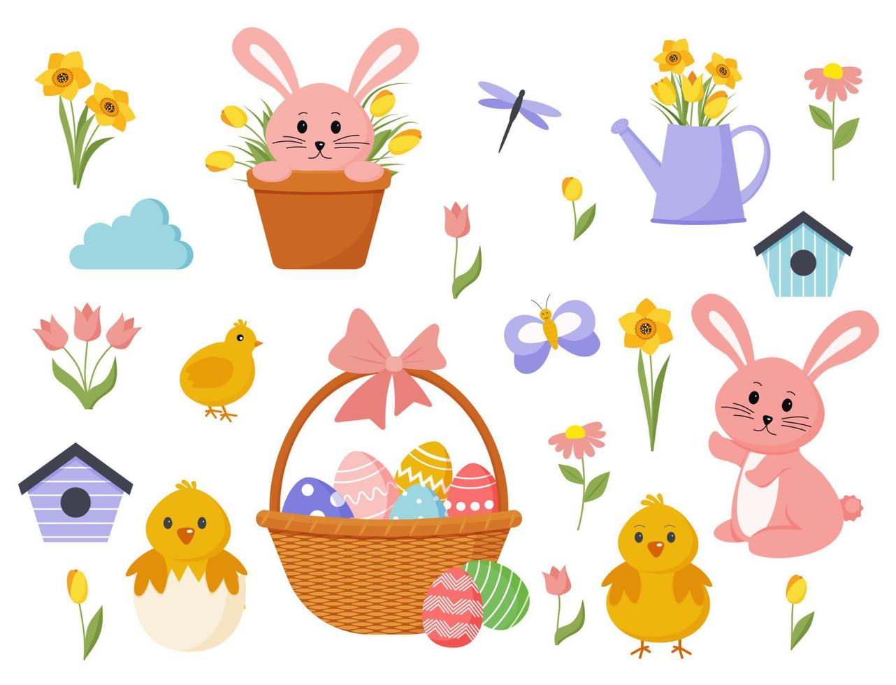 Set of cute Easter cartoon characters and design elements. Easter bunny, chickens, eggs and flowers. Vector illustration.