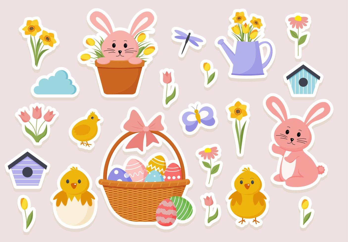 lindo juego de pegatinas de primavera de Pascua. vector