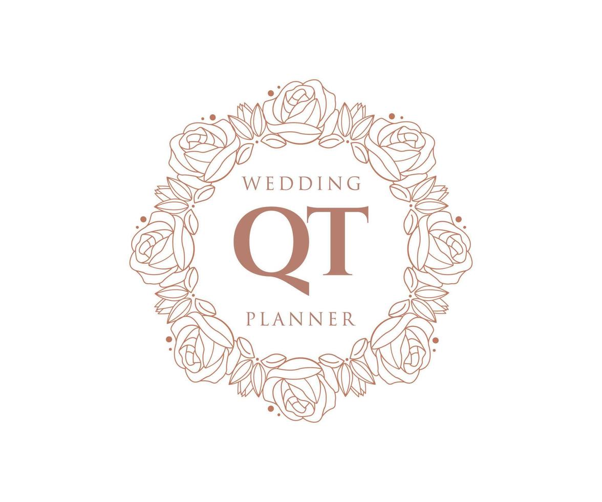 QT Initials letter Wedding monogram logos collection, hand drawn modern minimalistic and floral templates for Invitation cards, Save the Date, elegant identity for restaurant, boutique, cafe in vector