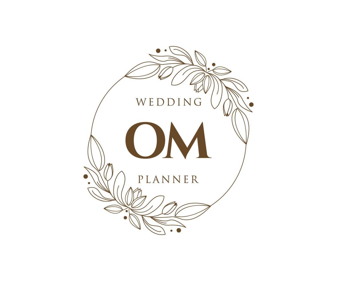 Colección de logotipos de monograma de boda con letras iniciales om, plantillas florales y minimalistas modernas dibujadas a mano para tarjetas de invitación, guardar la fecha, identidad elegante para restaurante, boutique, café en vector