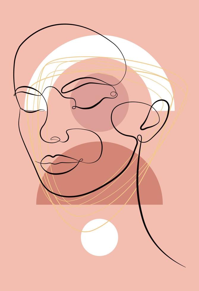 retrato vectorial en estilo minimalista. formas geométricas, hojas, retrato femenino. impresión femenina abstracta dibujada a mano. utilizado para historias de medios sociales, logotipos de belleza, ilustraciones de carteles. vector