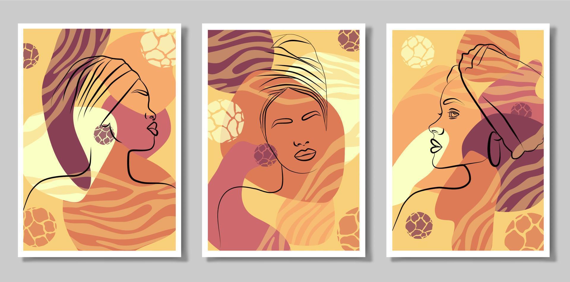 un conjunto de abstracción con una cara y manos. ilustración vectorial de la cara de una mujer africana con turbante. en un estilo abstracto minimalista. vector