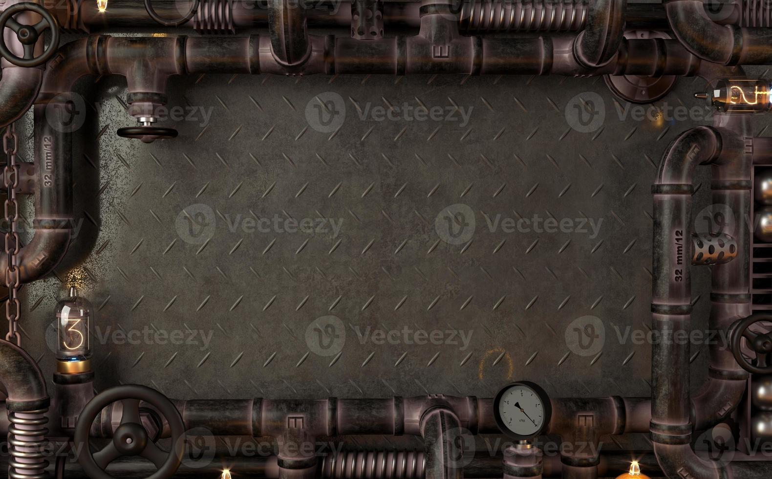 Background dark wall loft steampunk lamp from pipes photo