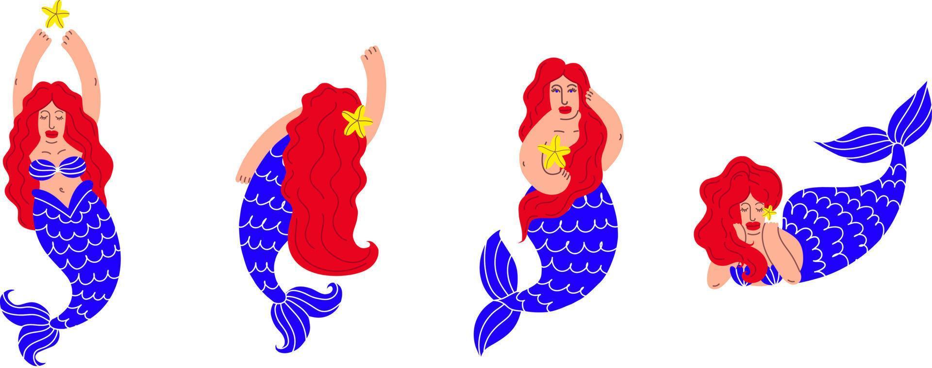 conjunto de sirenas de dibujos animados de colores. ilustración acuarela vector