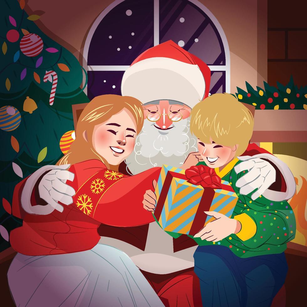 fiesta de navidad en casa con santa claus dando regalos de navidad a los niños vector