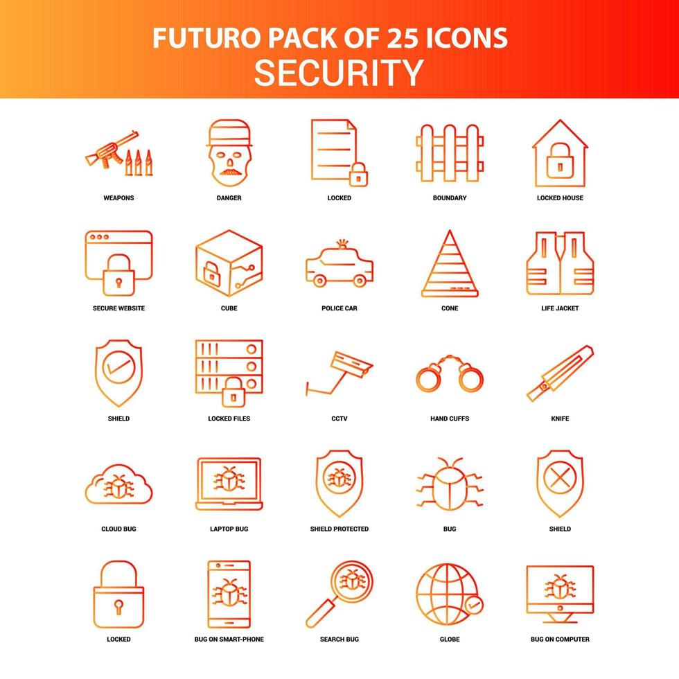 naranja futuro 25 conjunto de iconos de seguridad vector