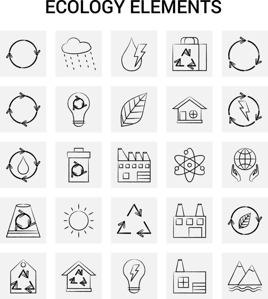 25 Hand Drawn Ecology Elements icon set Gray Background Vector Doodle